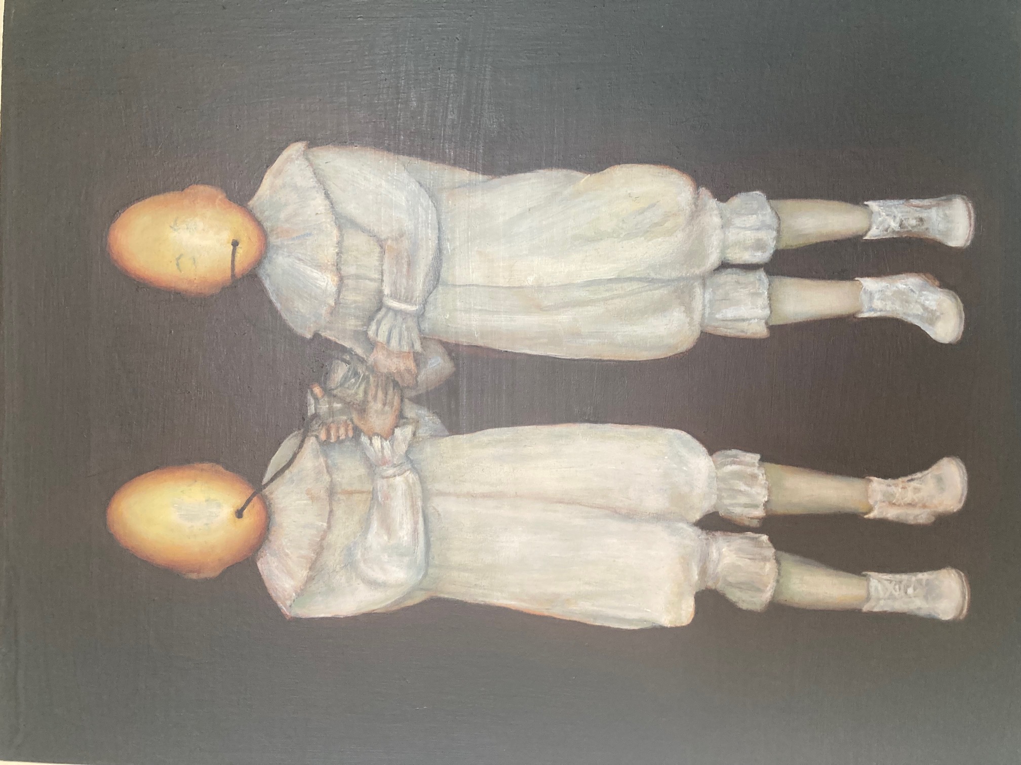 Oil painting: two figures in white costume with luminous surreal heads, dark background