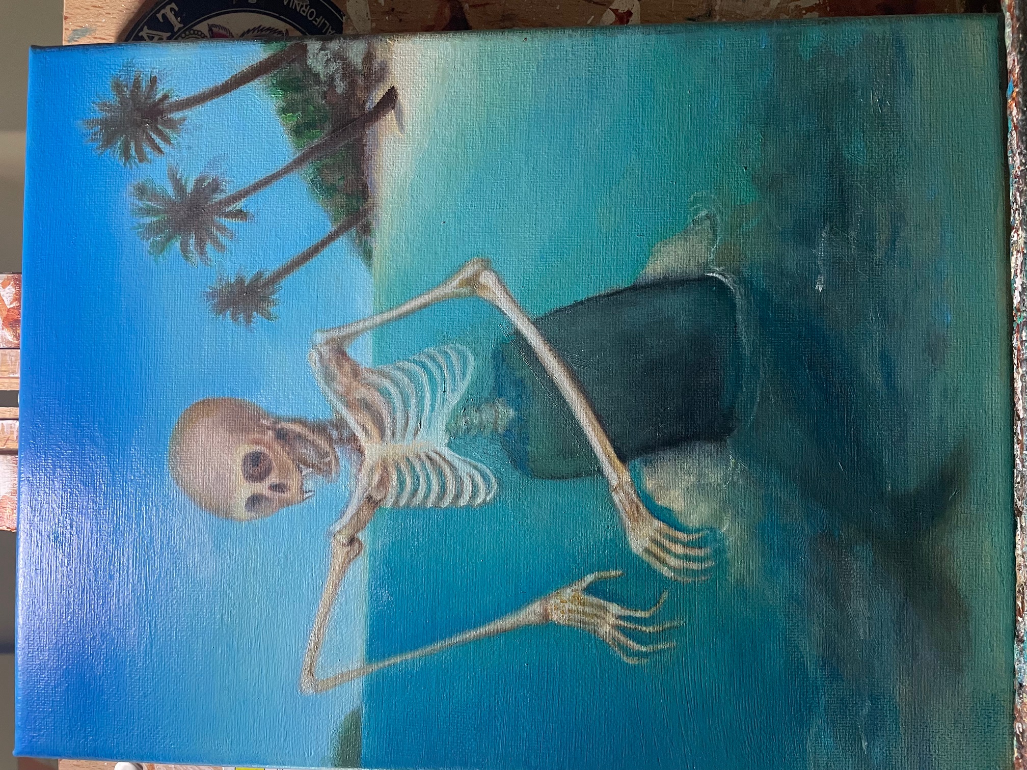 Original oil painting: skeletal figure in tropical water